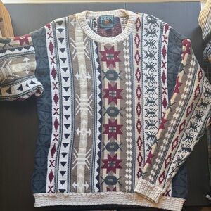 Vintage Ralph Lauren x Chaps Patchwork Tribal Aztec 100% Cotton Knit Sweater Lar